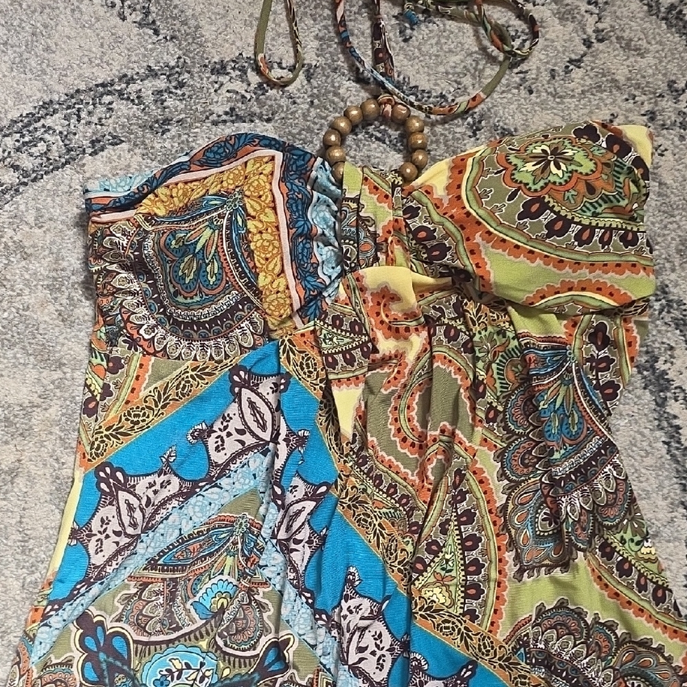 Saint Tropez West Orange, Turquoise and Brown Paisley Halter Maxi - Picture 4 of 9